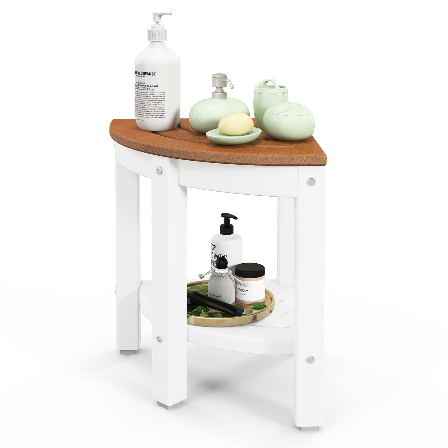 Giantex Corner Shower Stool, Waterproof HDPE Shower Bench w/Storage Shelf & Non-Slip Foot Pads, Spa Bath Seat, Bathroom Foot Rest, Brown