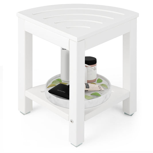 Giantex Corner Shower Stool, Waterproof HDPE Shower Bench w/Storage Shelf & Non-Slip Foot Pads, Spa Bath Seat, Bathroom Foot Rest, White