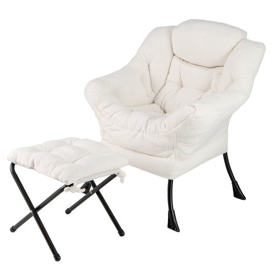 Giantex Lazy Chair w/Ottoman, Modern Sherpa Accent Sofa Chair, Leisure Sofa Armchair w/Stool, Beige