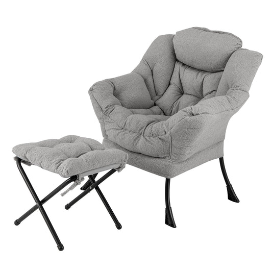 Giantex Lazy Chair w/Ottoman, Modern Sherpa Accent Sofa Chair, Leisure Sofa Armchair w/Stool, Grey