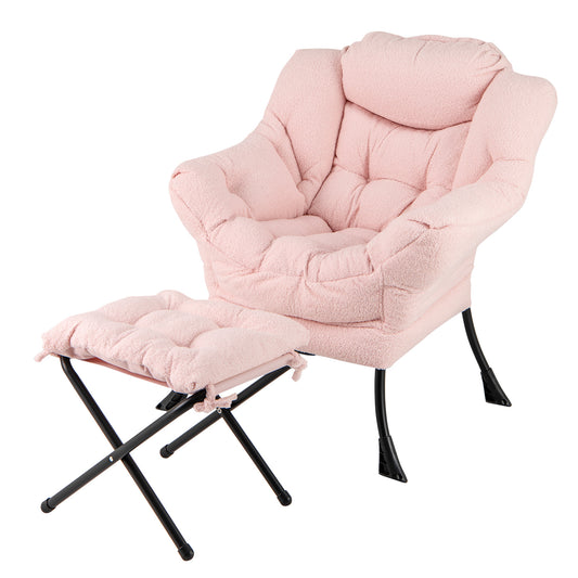 Giantex Lazy Chair w/Ottoman, Modern Sherpa Accent Sofa Chair, Leisure Sofa Armchair w/Stool, Pink
