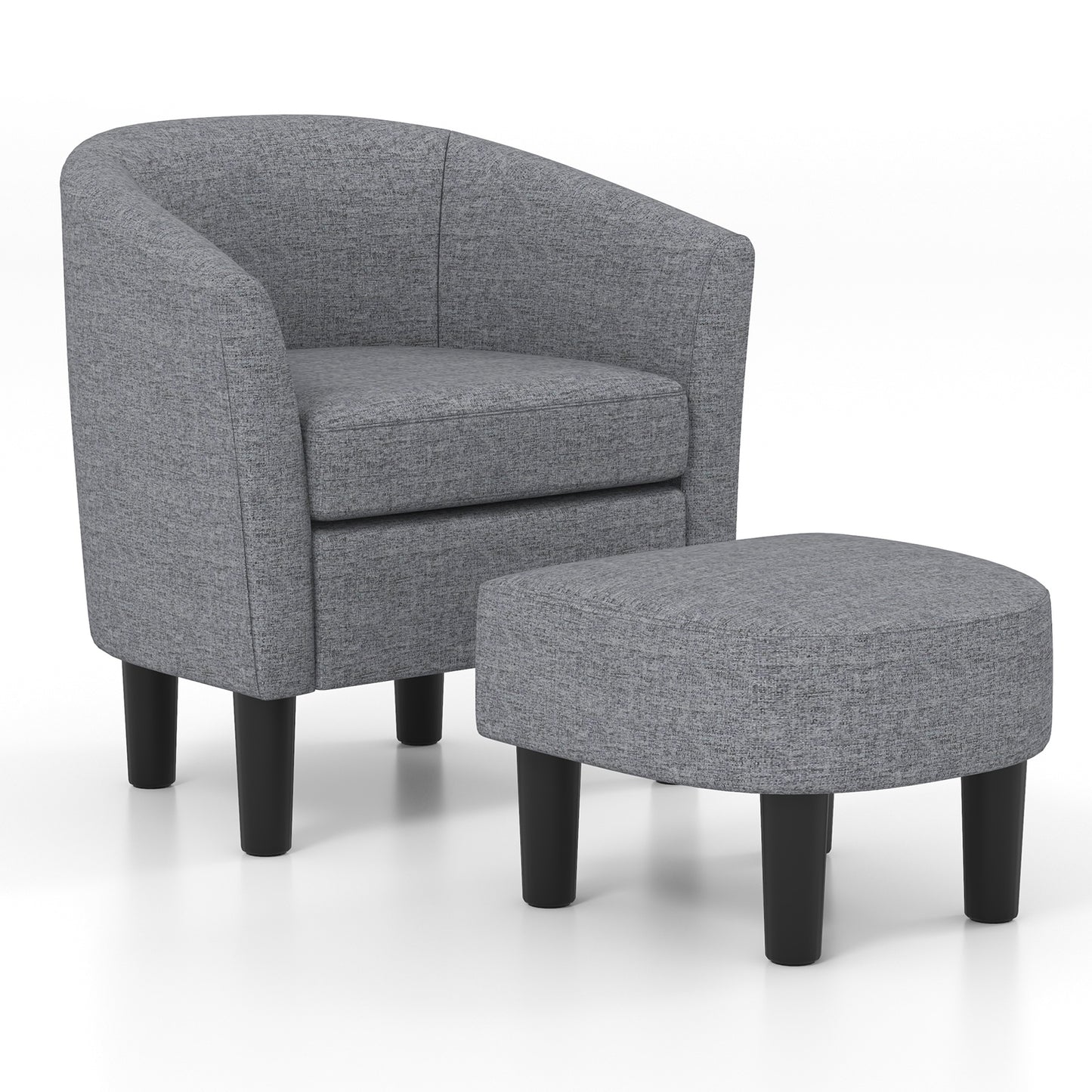 Giantex Barrel Accent Chair w/Ottoman, Comfy Linen Fabric Armchair, Upholstered Club Tub Sofa Chair & Footstool Set, Grey