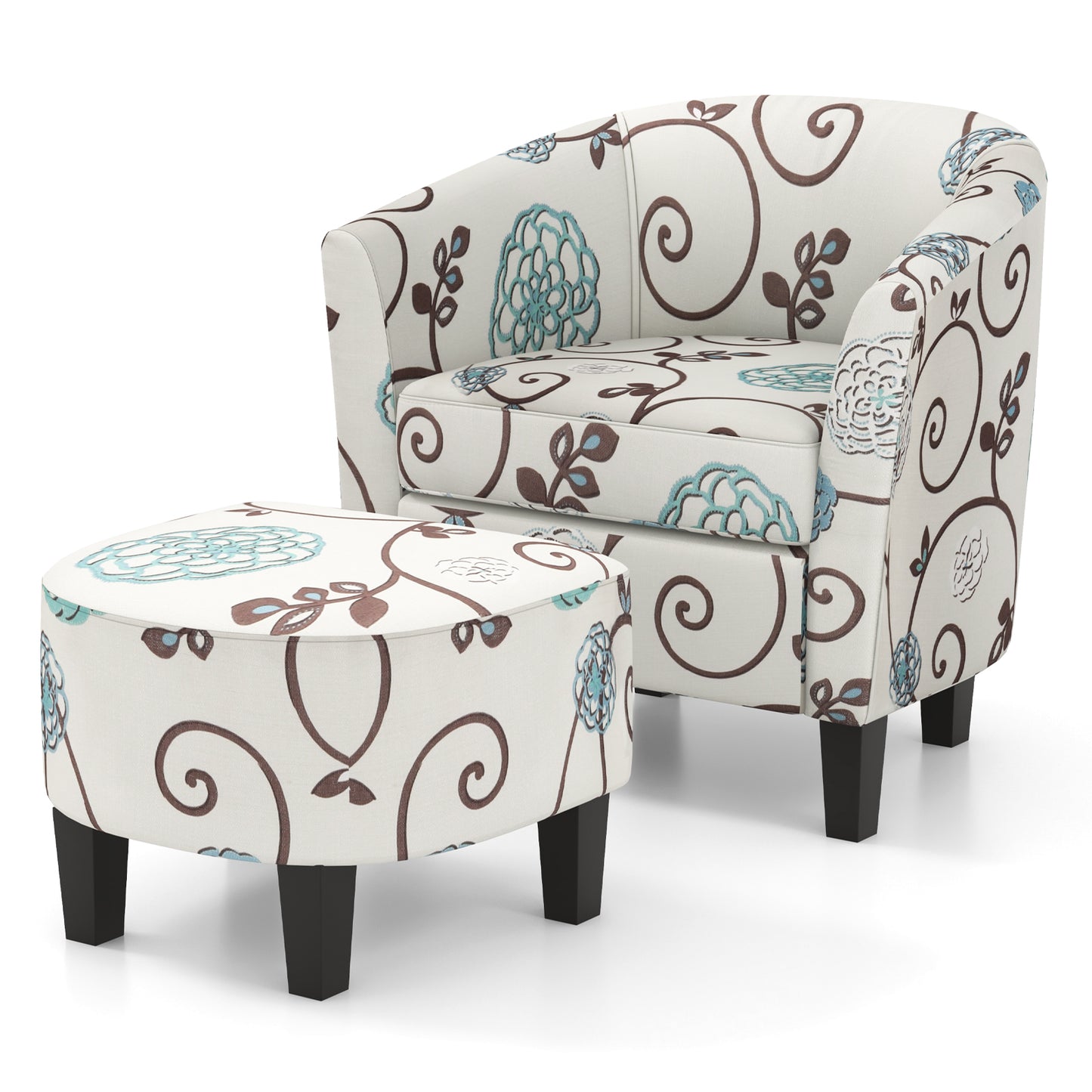 Giantex Accent Chair w/Ottoman, Club Round Barrel Armchair & Footrest Set w/Soft Cushion Linen Fabric Upholsteryw/