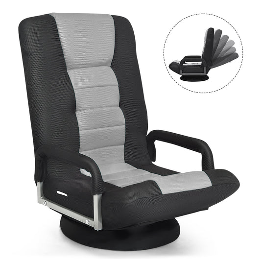 Giantex Reclining Folding Gaming Chair, Video Gaming Rocker w/5-Position Adjustable Backrest & 360 Degree Swivel Round Base, Padded Lazy Sofa Chair, Gray