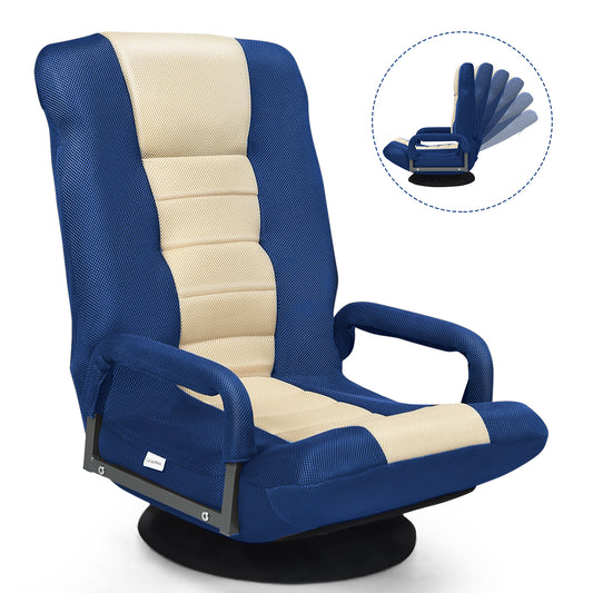 Giantex Reclining Folding Gaming Chair, Video Gaming Rocker w/5-Position Adjustable Backrest & 360 Degree Swivel Round Base, Padded Lazy Sofa Chair, Navy