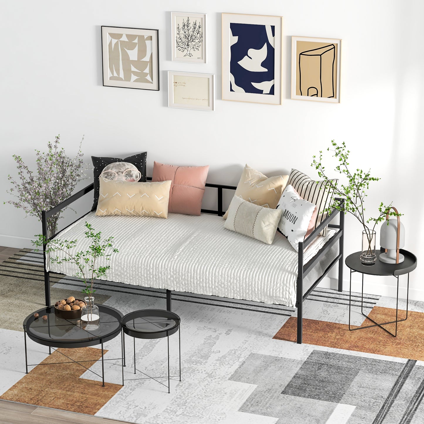 Giantex Twin Size Metal Daybed Frame,  2-in-1 Multifunctional Sofa Bed Frame w/Headboard & Heavy-Duty Steel Slats, Mattress Foundation Platform