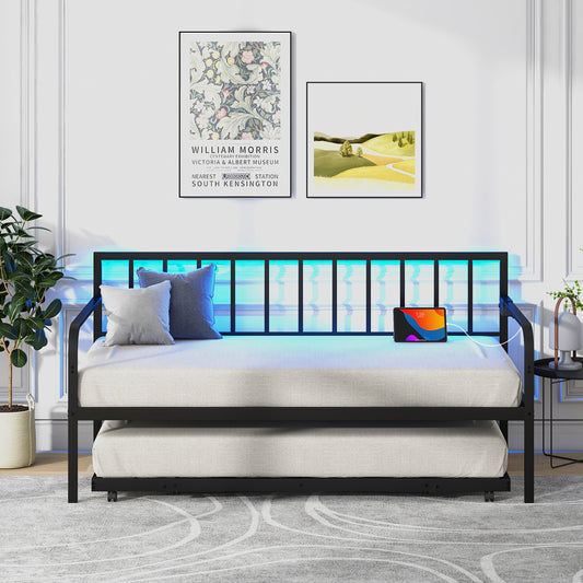 Giantex Twin Daybed Bed Frame w/Trundle, LED & Charging Station, Adjustable Metal Sofa Bed Frame
