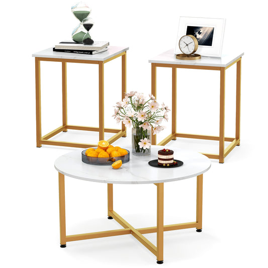 Giantex Round Nesting Table Set of 3, Modern Faux Marble Coffee Table w/2 End Tables, 3-Piece Wooden Living Room Table Set for Home Office