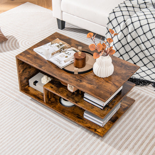 Giantex Rectangular Accent Table,  Coffee Table w/L-Shaped Middle Shelf, Cocktail Table Sofa Table, Geometric Center Table, Coffee