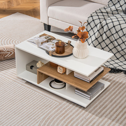 Giantex Rectangular Accent Table,  Coffee Table w/L-Shaped Middle Shelf, Cocktail Table Sofa Table, Geometric Center Table