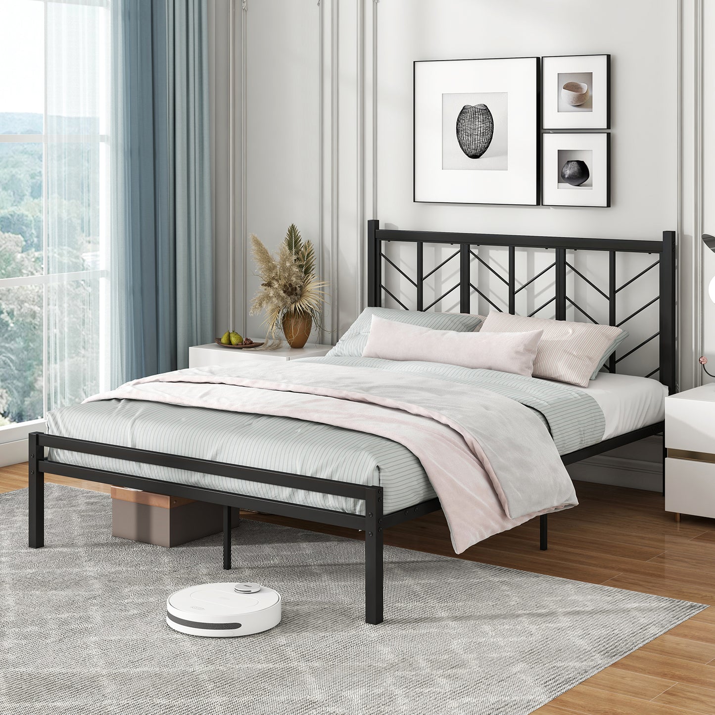 Giantex Queen Size Platform Bed Frame w/Vintage Headboard, Metal Mattress Foundation for Storage, No Box Spring Needed, Easy Assembly