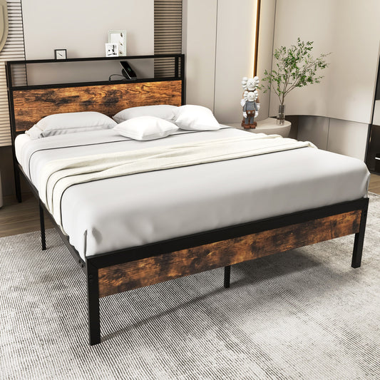 Giantex Industrial Full Bed Frame w/Storage Headboard & Charging Station, Heavy-Duty Metal Platform Bed, Noise-Free Mattress Foundation, No Box Spring Needed