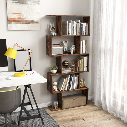 Giantex 5-Tier Bookcase, Freestanding Room Divider Bookshelf w/Open Display Shelves, Wood S-Shaped Storage Organizer, Brown