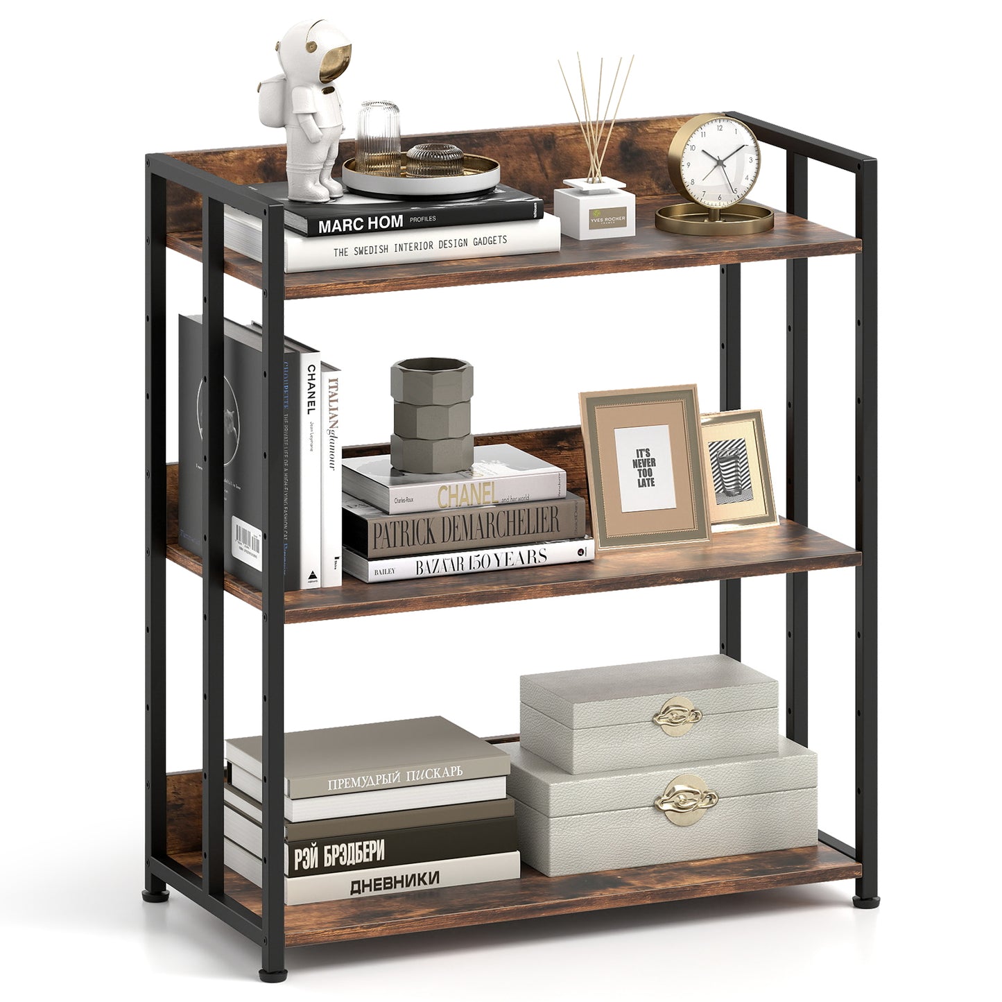 Giantex 3-Tier Corner Bookshelf, Tall Bookcase Shelf w/Metal Frame, Industrial Floor Storage Shelf Organizer, Unit Display Rack