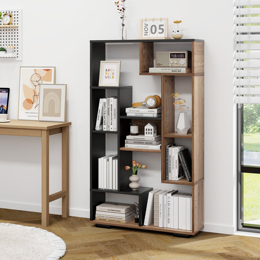 Giantex Geometric Bookshelf, 47 Inch Tall Bookcase w/Multiple Open Shelves, Freestanding 9 Cubes Bookshelf Storage Display, Black