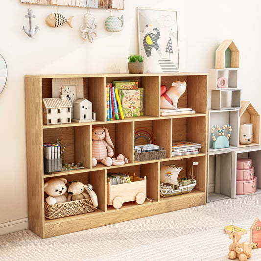 Giantex 10-Section Wooden Floor Storage Cabinet, Display Bookshelf for Classroom, Playroom & Nursery, Kindergarten, Natural