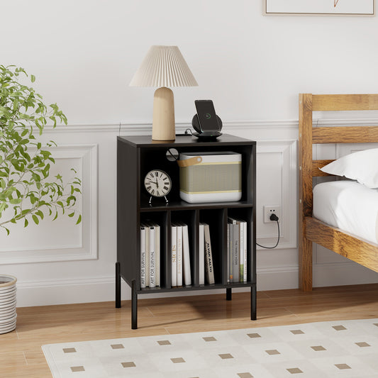 Giantex Record Player Stand, Turntable Side Table Nightstand w/Charging Station & Vinyl Record, Storage Cabinet, Black