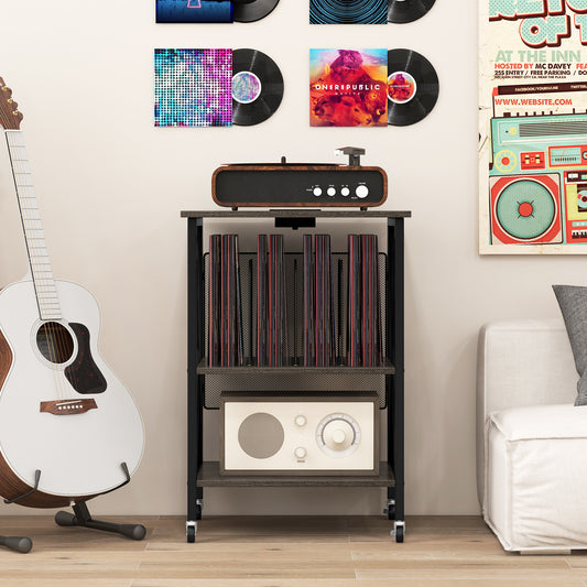 Giantex Record Player Stand, Turntable Stand w/Built-in Charging Station, Storage Cabinet, Home Accent Display Table, Gray Oak