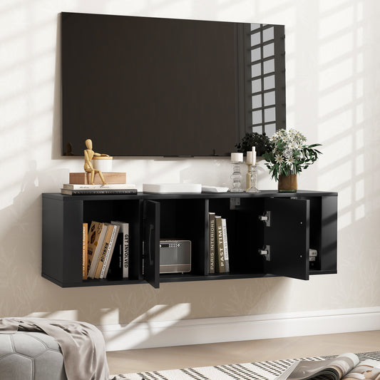 Giantex Wall Mounted Storage Cabinet, 2 Cube Floating Media Hanging Desk w/2 Doors, Home Office Furniture, Black