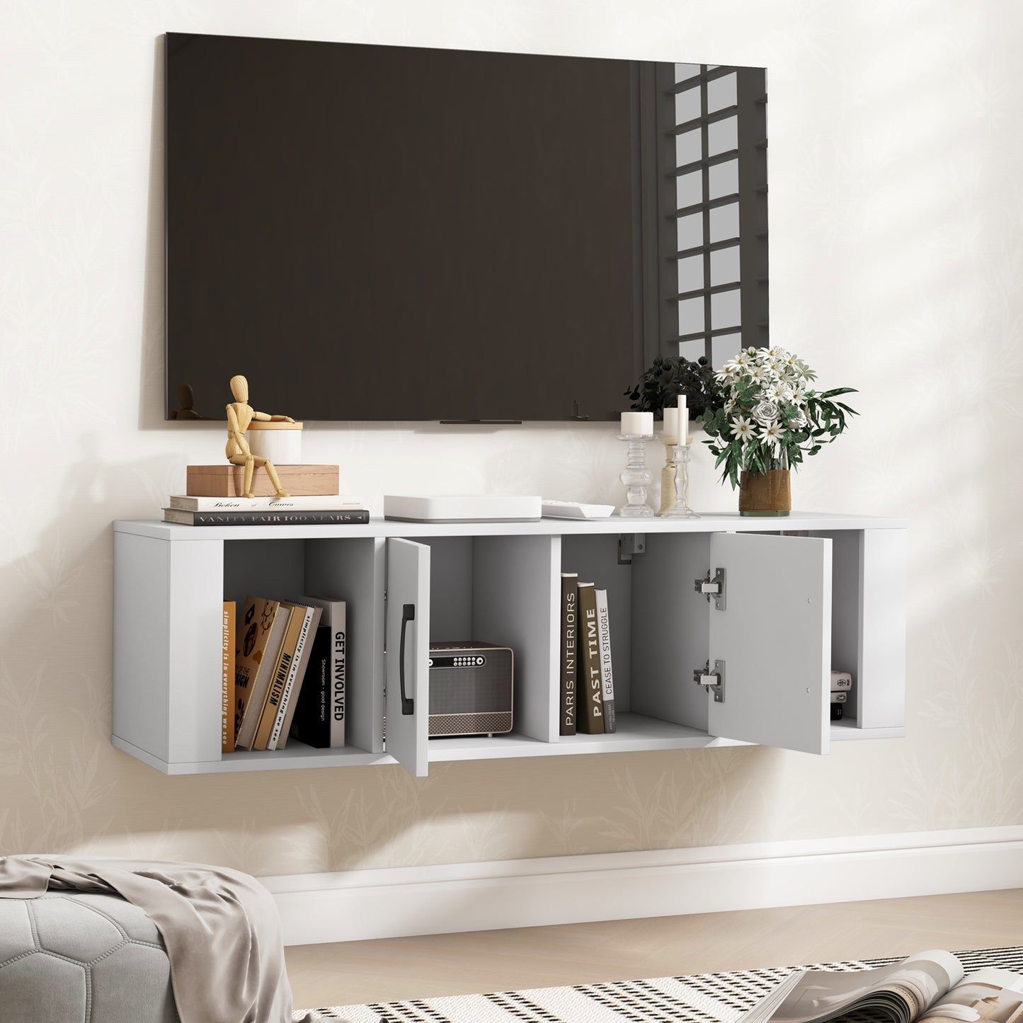 Giantex Wall Mounted Storage Cabinet, 2 Cube Floating Media Hanging Desk w/2 Doors, Home Office Furniture, White