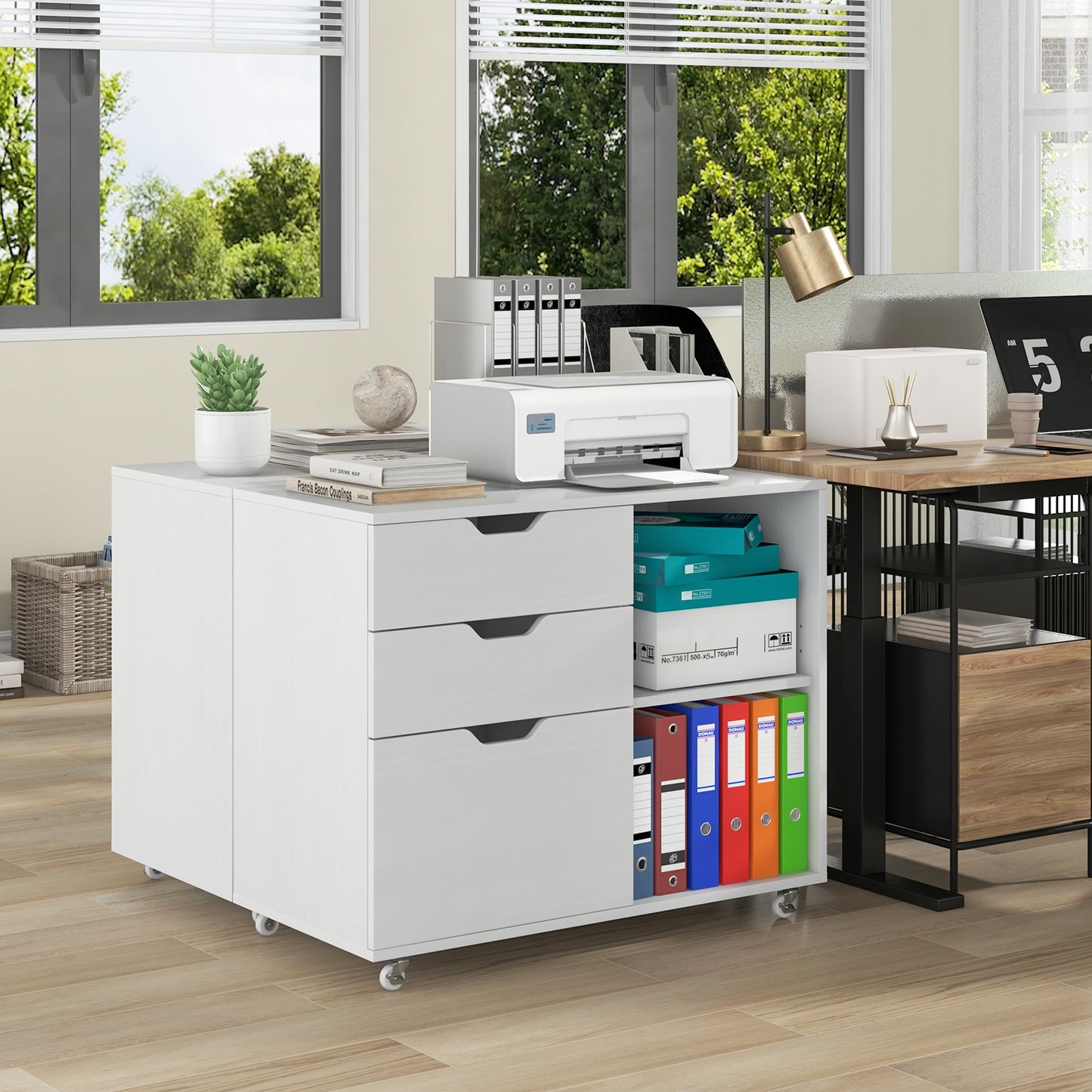Giantex Rolling File Cabinet, Lateral Filing Cabinet w/Open Storage Shelves, Under Desk Storage Organizer, Mobile Printer Stand, White