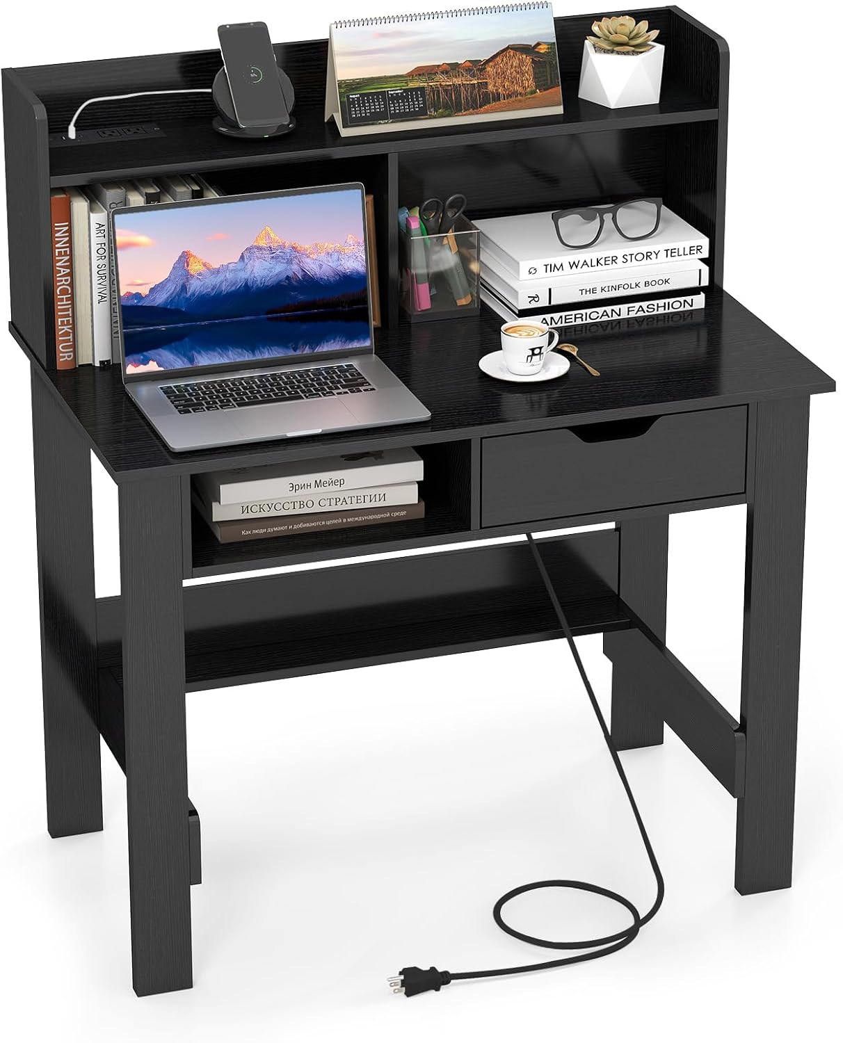 Giantex Computer Desk w/Hutch, Home Office Desk w/Power Outlets & USB Ports, Modern Laptop PC Table, Black