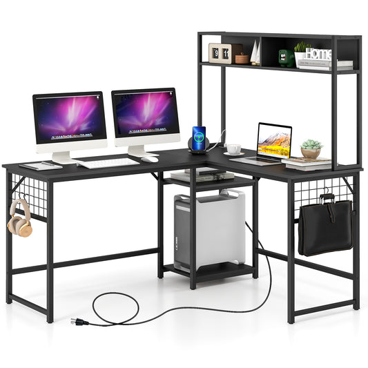 Giantex L Shaped Desk, Sturdy Computer Desk w/ Power Outlet, Long Corner Desk Home Office Table, Black