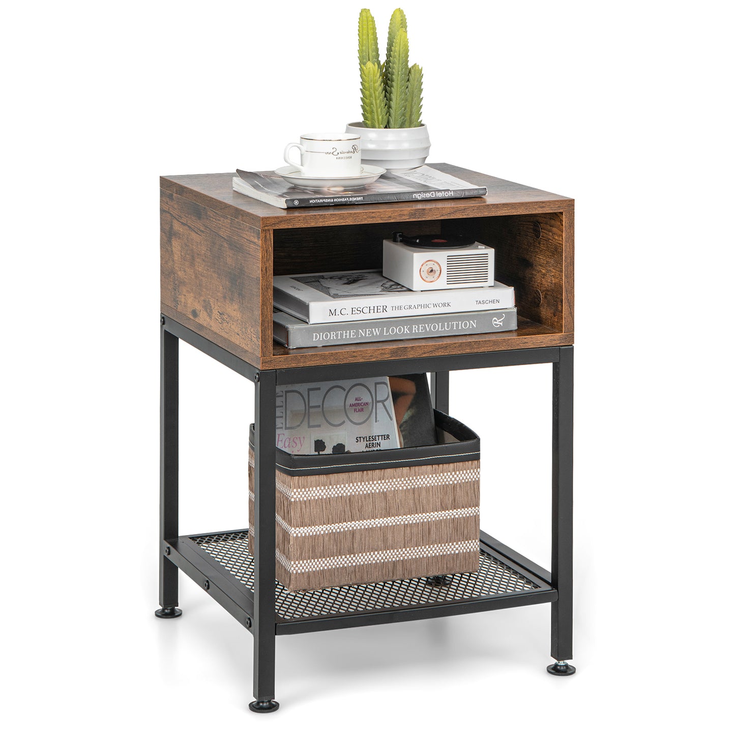 Giantex End Table, 2-tier Industrial Side Table with Mesh Storage Shelf, Stable Metal Frame, Adjustable Foot Pads, Nightstand Bedside Table