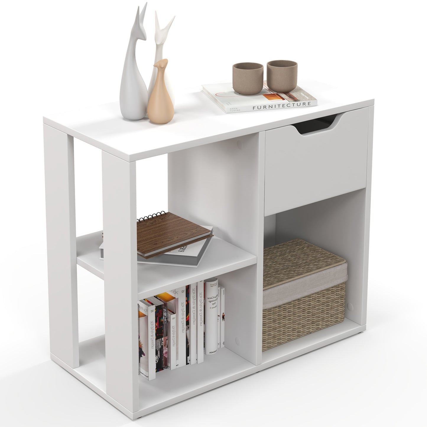 Giantex Wooden End Table, Sofa Side Table w/Drawer, Small Bedside Table, Bookshelf Bookcase Nightstand for Home Office, White