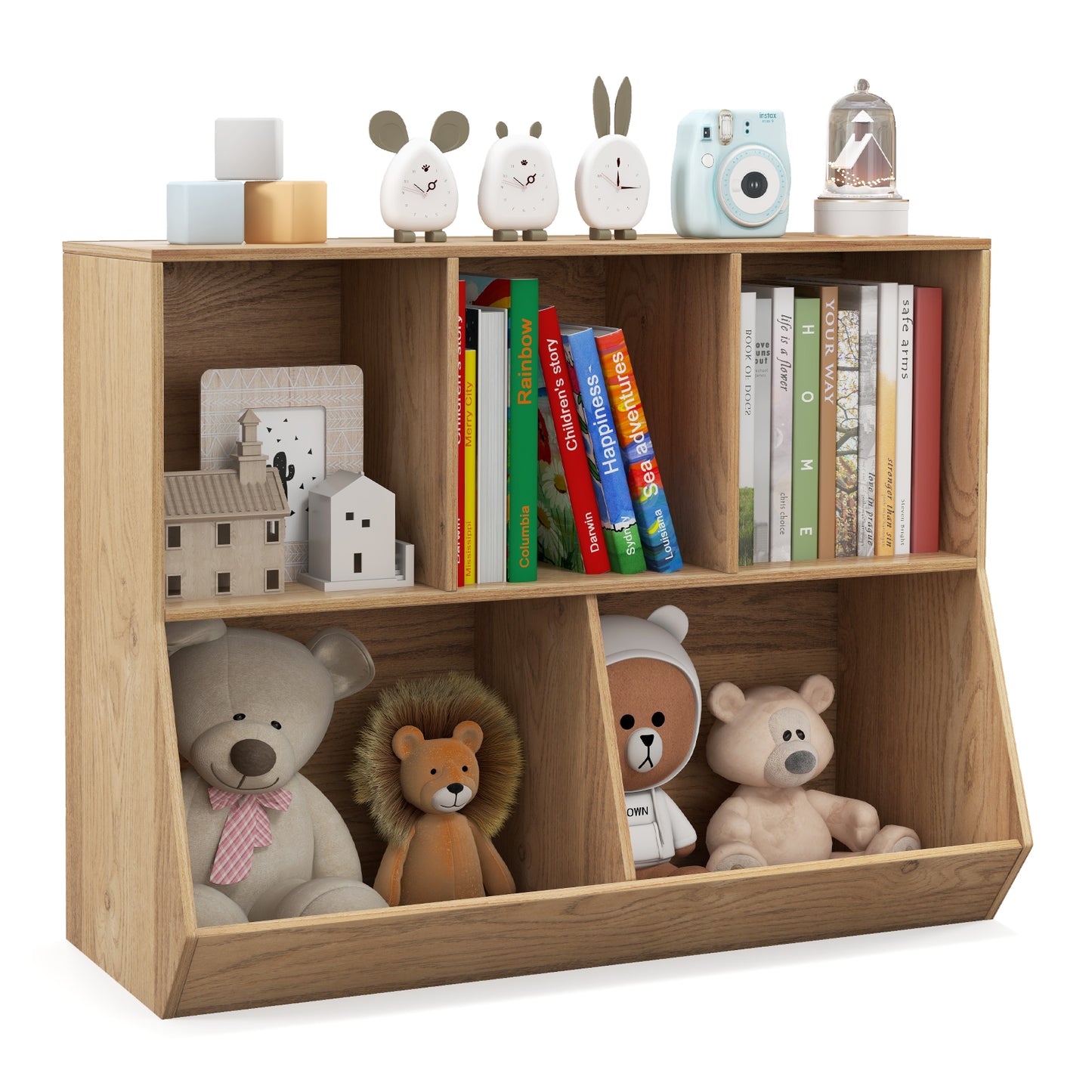 Giantex 5-Cubby Toy Storage Organizer, Wooden Kids Bookshelf, Bookcases for Playroom, Natural