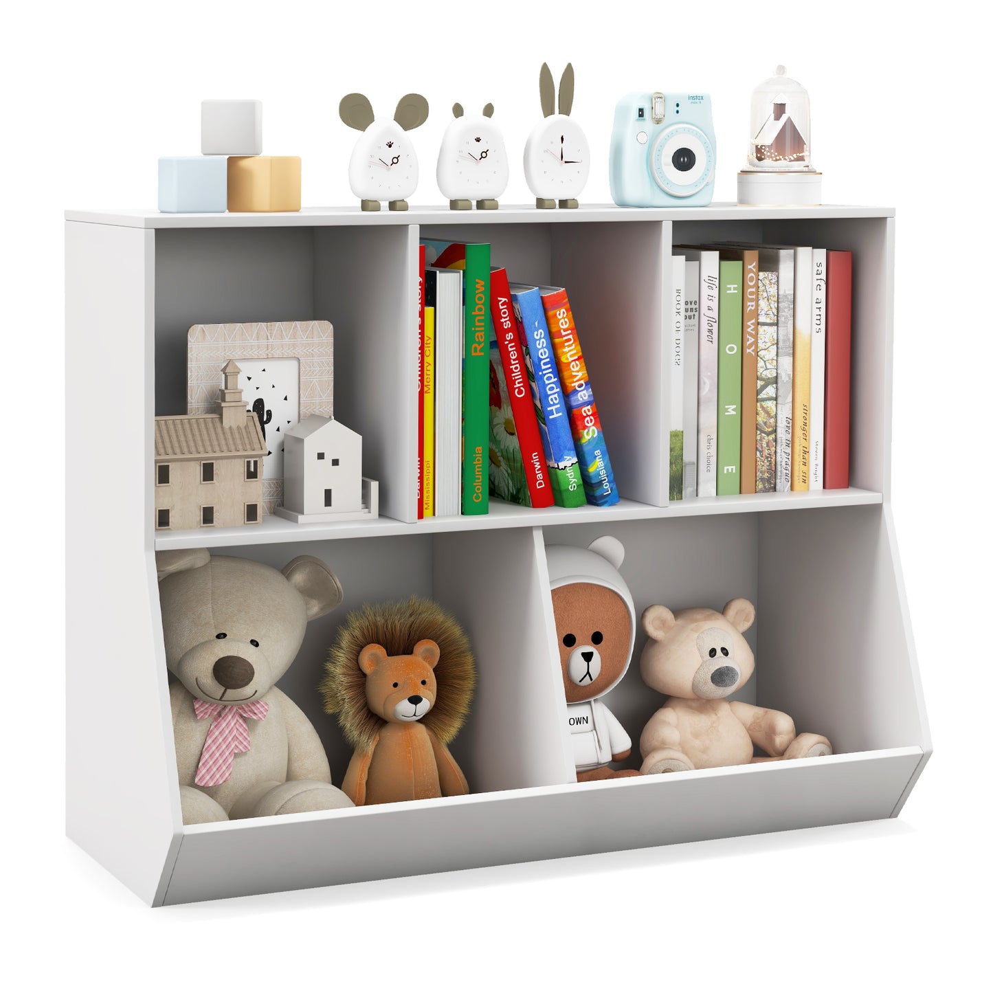 Giantex 5-Cubby Toy Storage Organizer, Wooden Kids Bookshelf, Bookcases for Playroom, White