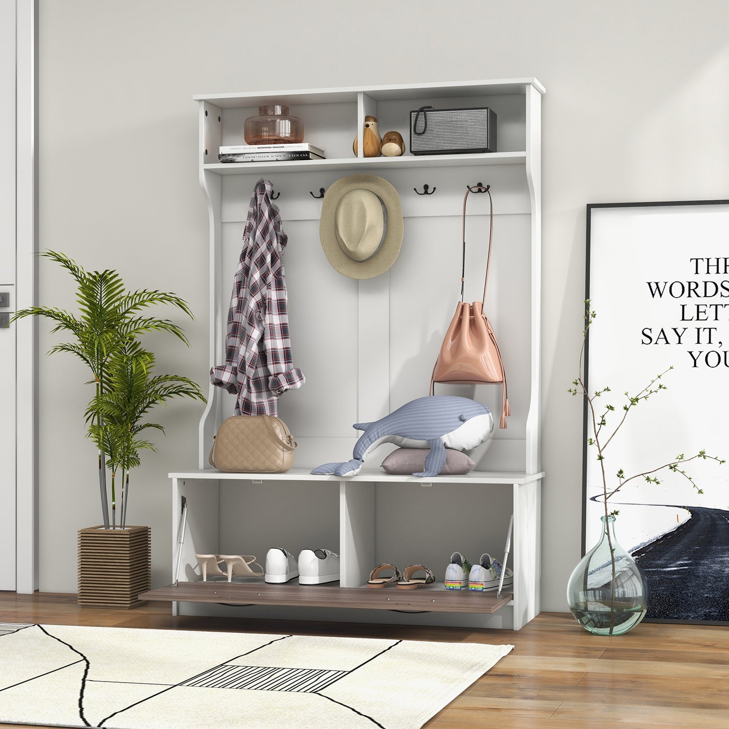 Giantex Hall Tree w/Bench, Coat Rack w/Shoe Cabinet, Space Saving Design, White