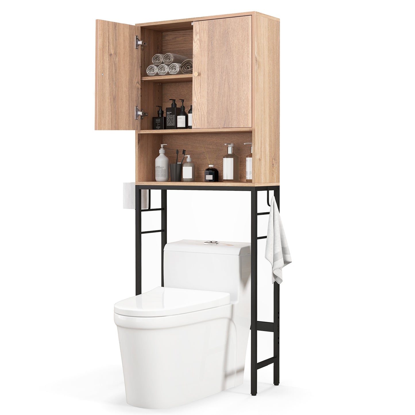 Giantex Over The Toilet Storage Cabinet, Freestanding Above Toilet Rack w/Adjustable Shelf & Bottom Bar, Natural