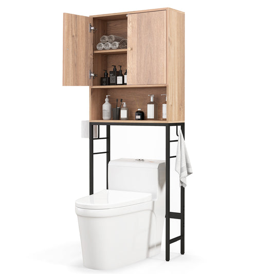 Giantex Over The Toilet Storage Cabinet, Freestanding Above Toilet Rack w/Adjustable Shelf & Bottom Bar, Natural