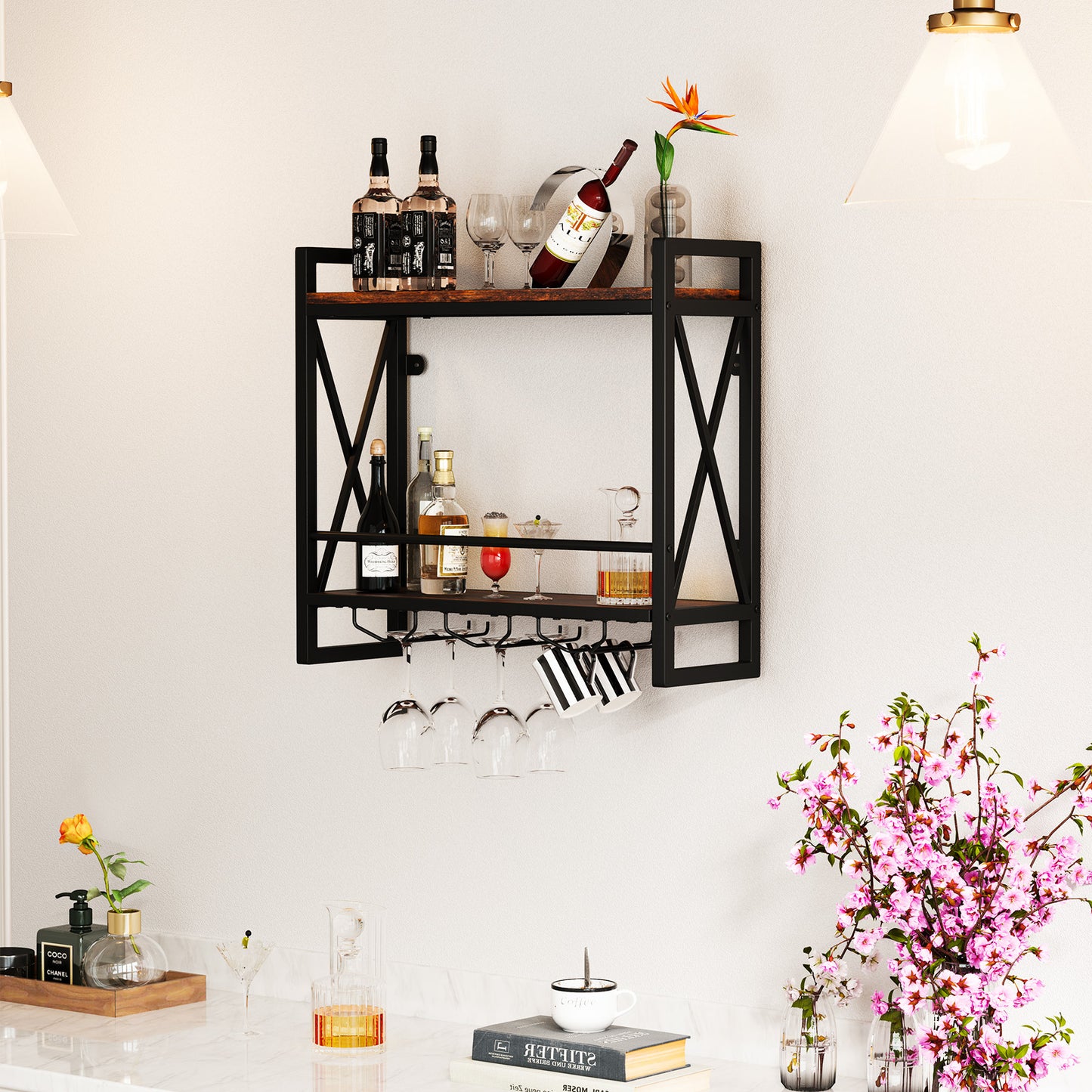 Giantex Metal Hanging Wine Bottle Glass Rack, Wall Mounted Wine Floating Shelves