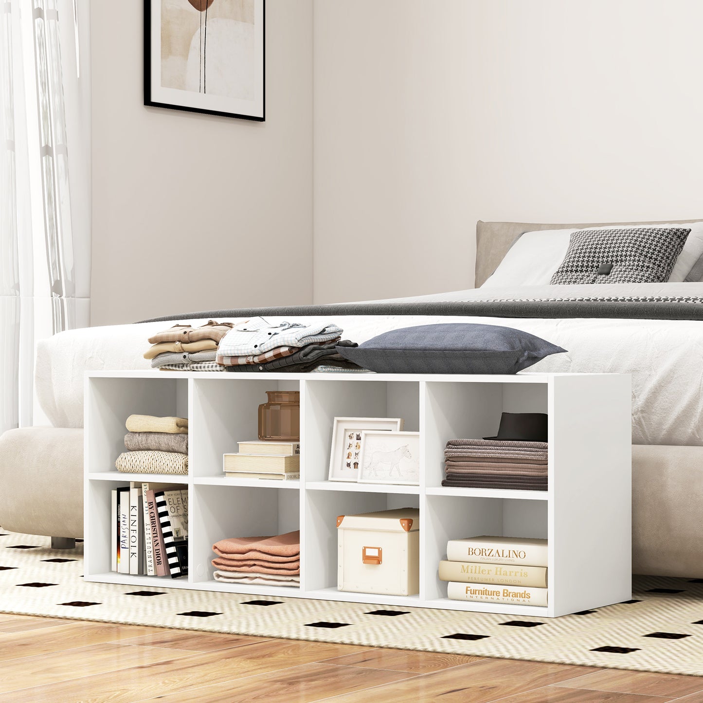 Giantex 8-Cubby Shoe Storage Bench, Entryway Shoe Rack Organizer, Multifunctional Bed End Bench, White