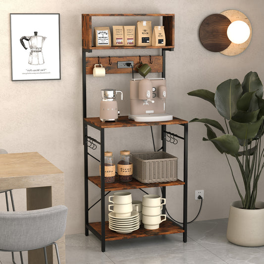 Giantex Bakers Rack w/Power Outlet, Kitchen Microwave Stand w/Hooks, Tall Kitchen Storage Shelf