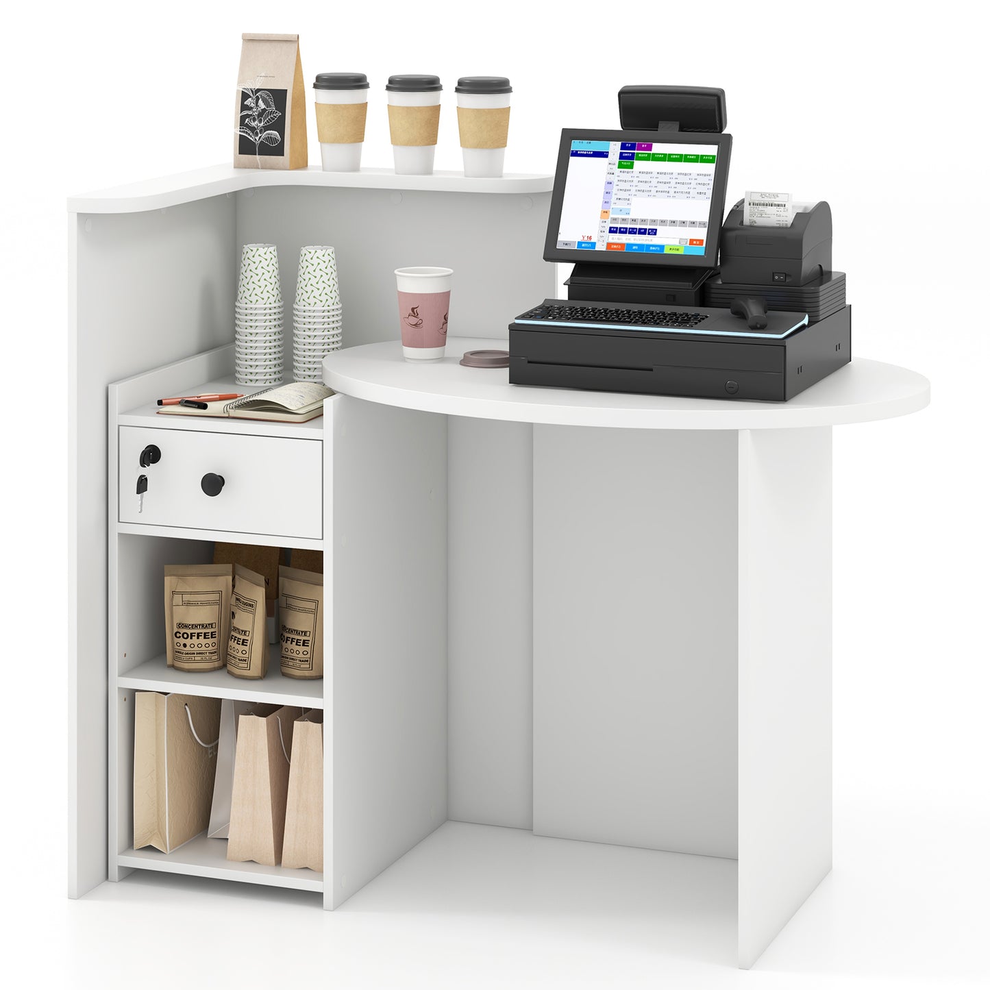 Giantex Reception Desk, Computer Workstation w/Lockable Drawer & Open Shelves, Checkout Counter, White