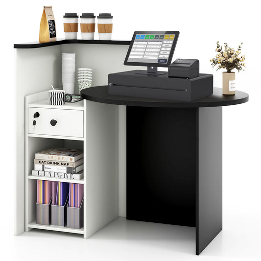 Giantex Reception Desk, Computer Workstation w/Lockable Drawer & Open Shelves, Checkout Counter, Black & White