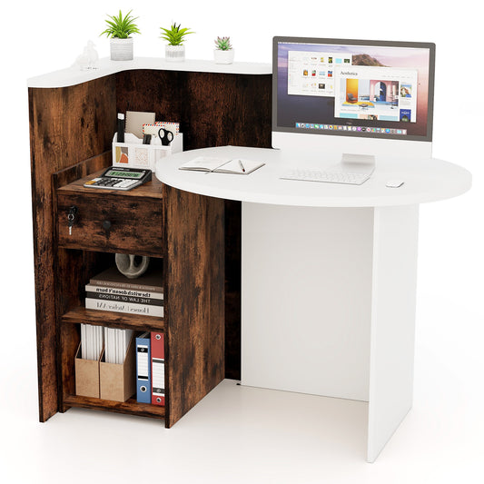 Giantex Reception Desk, Computer Workstation w/Lockable Drawer & Open Shelves, Checkout Counter, White & Rustic Brown