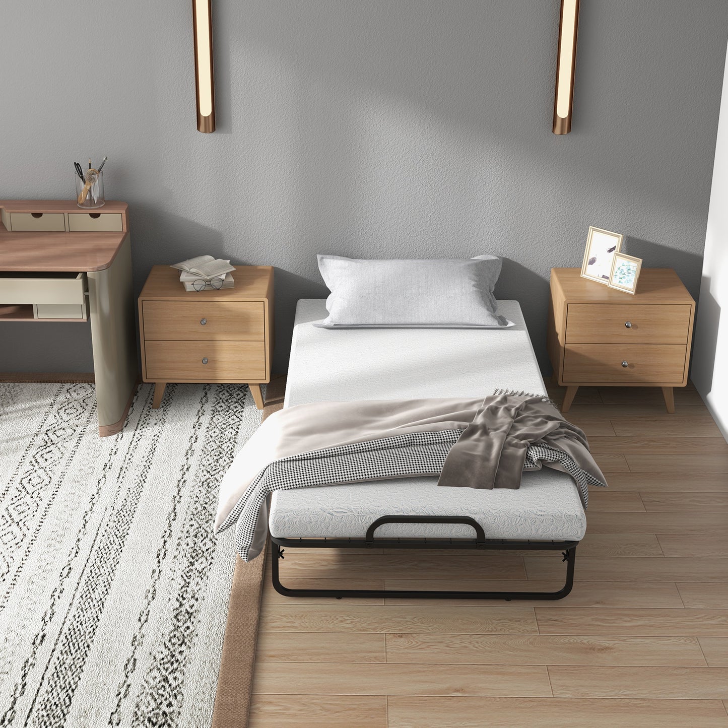 Giantex Folding Bed, Twin Size Rollaway Bed w/Memory Foam Mattress, Gust Bed w/Wheels, Space Saving Bed
