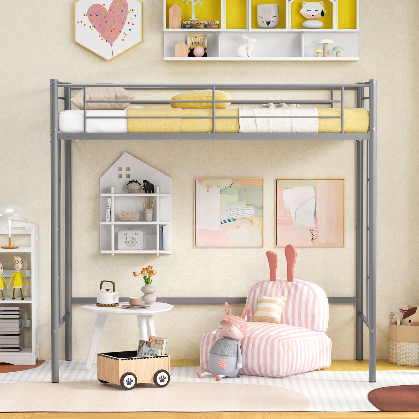 Giantex Metal Loft Bed Twin Size, Heavy Duty Loft Bed Frame, Space-Saving Bed w/Guardrail, Silver