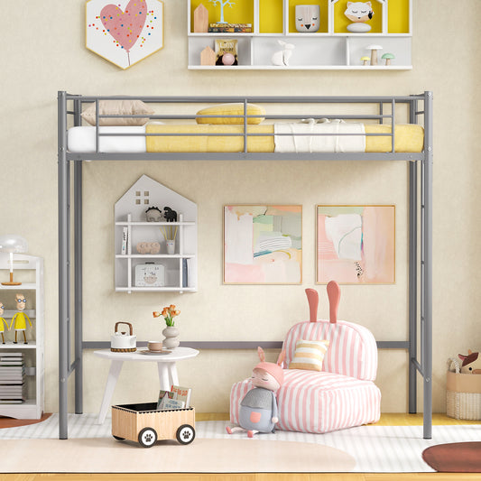 Giantex Metal Loft Bed Twin Size, Heavy Duty Loft Bed Frame, Space-Saving Bed w/Guardrail, Silver