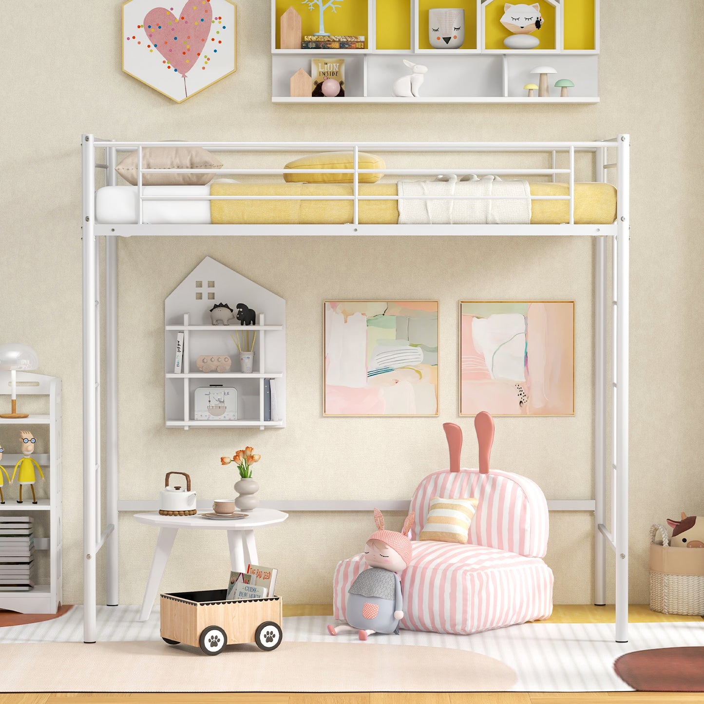 Giantex Metal Loft Bed Twin Size, Heavy Duty Loft Bed Frame, Space-Saving Bed w/Guardrail, White
