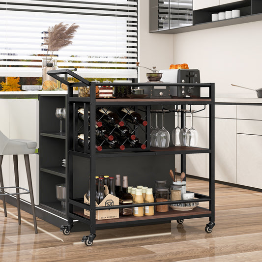 Giantex 3-Tier Bar Cart, Industrial Serving Cart w/Wine Racks & Glass Holders, Kitchen Rolling Cart, Brown
