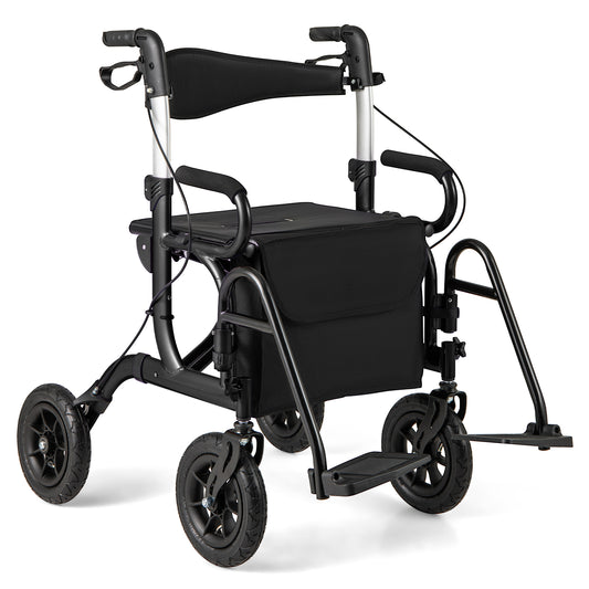 Giantex Walkers for Seniors, Folding Rolling Walker w/Reversible Backrest, Detachable Storage & Umbrella Holder, Black