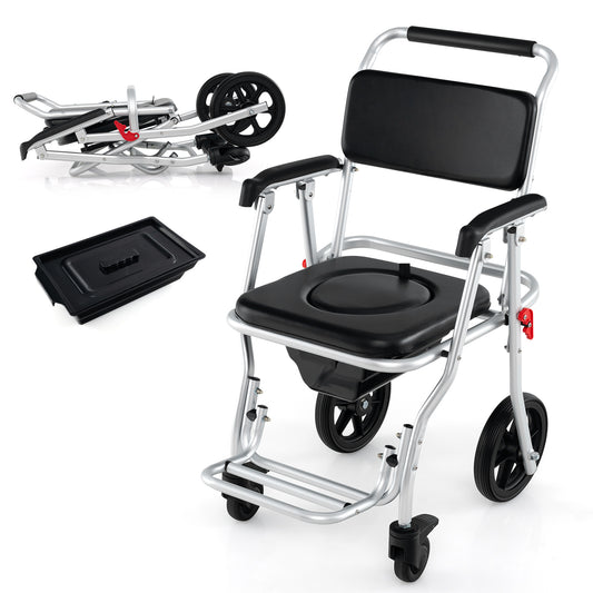 Giantex Bedside Commode Wheelchair, Foldable Shower Chair for Toilet w/Detachable Bucket, Transport Wheelchair, Rolling Shower Seats