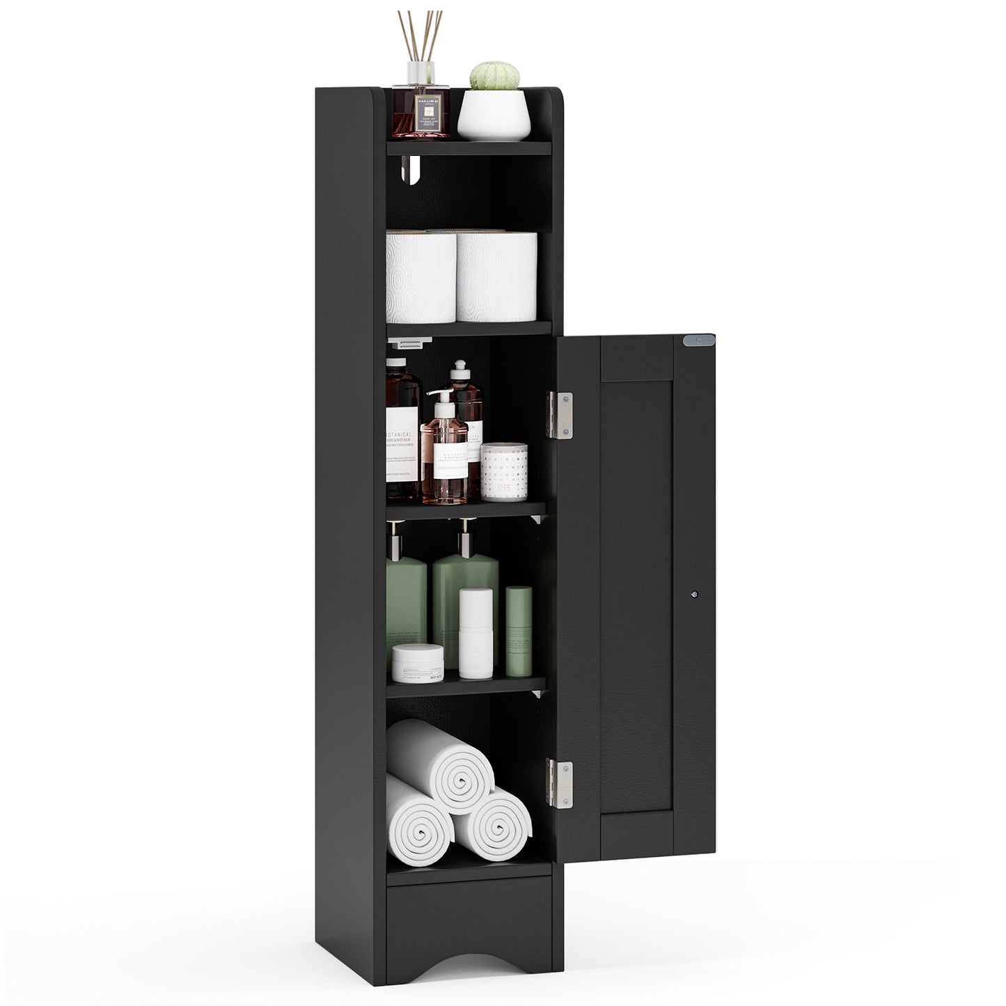 Giantex Small Bathroom Storage Cabinet, Corner Floor Cabinet w/Door & Adjustable Shelves, Narrow Toilet Paper Holder, Slim Storage Organizer, Black
