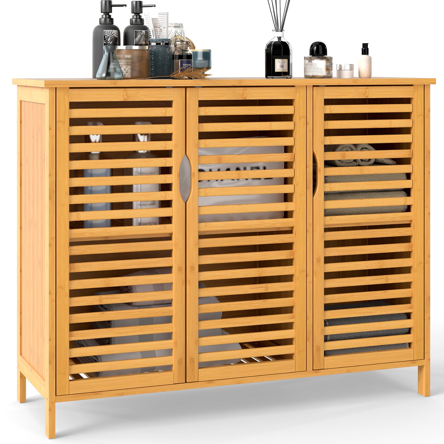 Giantex Bamboo Bathroom Cabinet, Freestanding Storage Cabinet, Slatted 3-door Storage Organizer Floor Cupboard