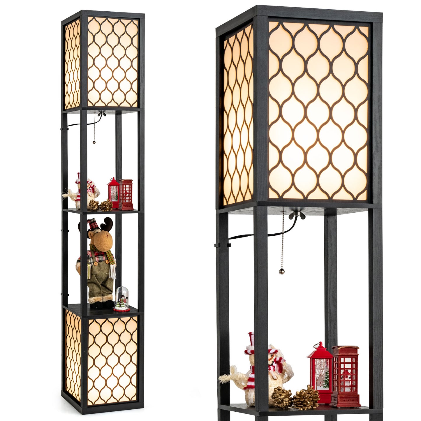 Giantex Modern Shelf Floor Lamp, Freestanding Double Lamp, Display Floor Light w/2-Tier Wood Shelf & Foot Switch